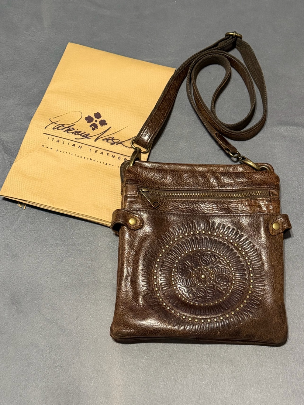 Patricia Nash Francesca Brown Leather Crossbody Purse with Embossed Medallion